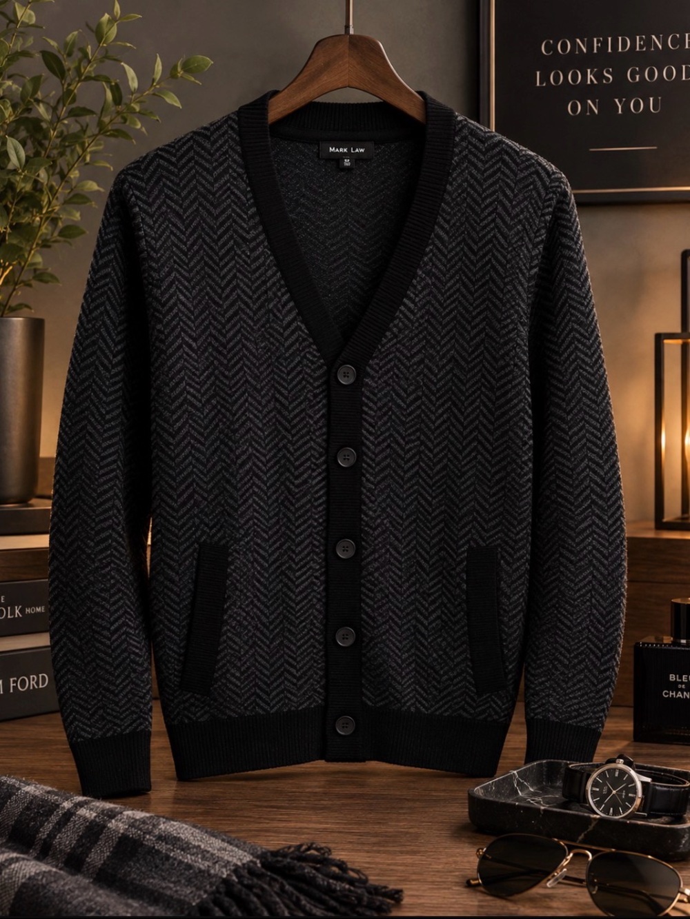 Men's Black and Gray Chevron Cardigan by Marc Law